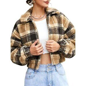 Women's Half Zip Sweatshirt Drop-shoulder Teddy Coat Faux Fur Button Plaid Cropp